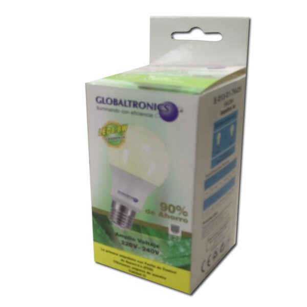 Ampolleta led bola 8,8W E27 luz cálida 720lm 200° 15000hr Globaltronics