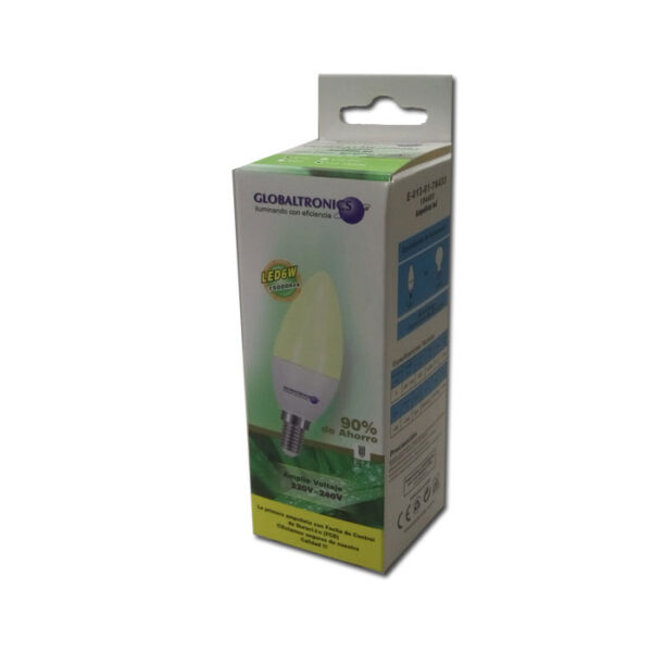 Ampolleta led vela 6W E14 luz cálida 470lm 240° 15000hr Globaltronics