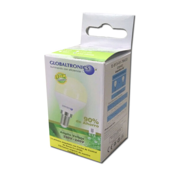 Ampolleta led minibola 6W E14 luz cálida 470lm 240° 15000hr Globaltronics