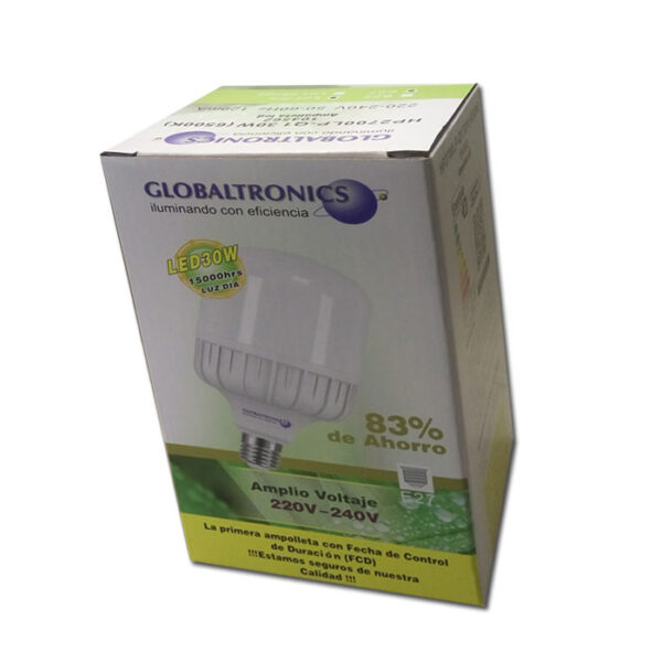 Ampolleta led alta potencia 30W E27 luz blanca 3000lm 220° 15000hr Globaltronics